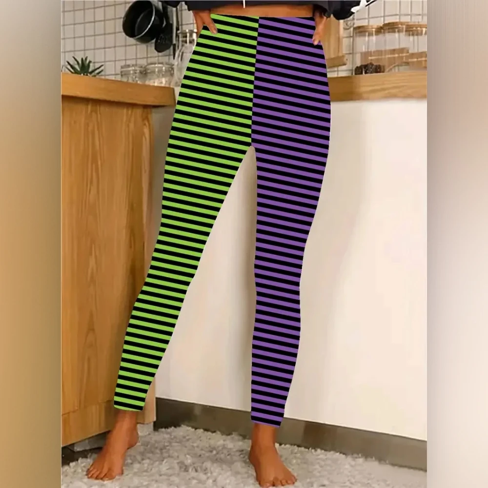 Striped note print stretch slim elastic waist casual leggings for women