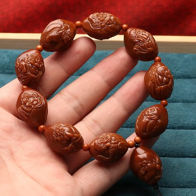 Jade-encrusted, old pit carving, half-body relief, Luohan bracelet, finished with chicken blood red olive