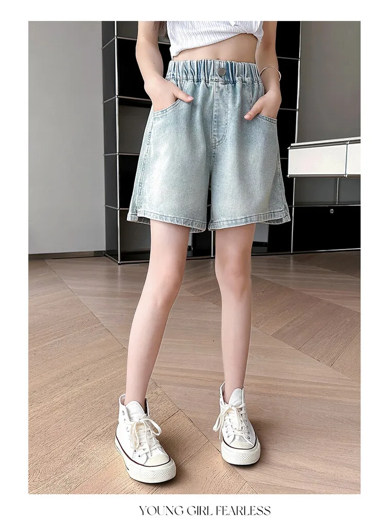 2026 Sommer Mädchen-Jeansshorts mit Schmetterlingsstickerei, Teenager-Shorts mit Elastischem Hohem Bund, Weite Beine, Lässige Streetwear für Kinder – Detail 4
