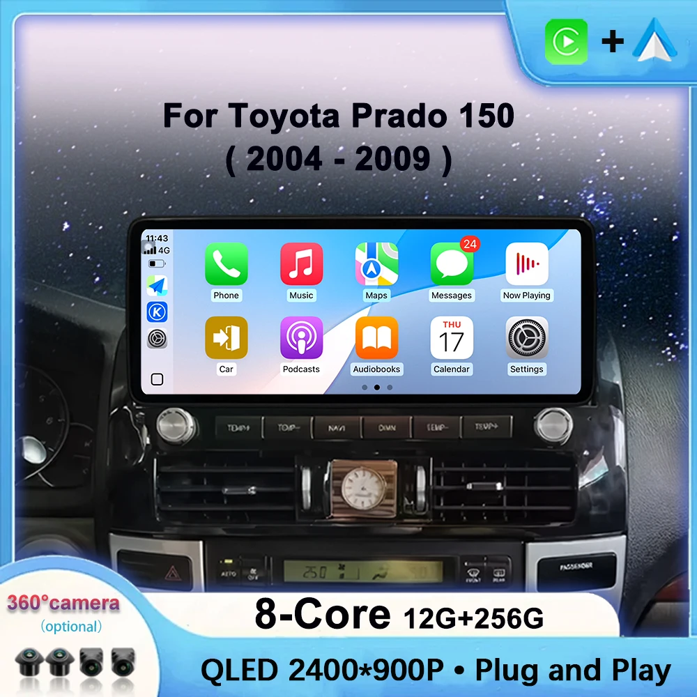 12.3 Inch For Toyota Land Cruiser Prado 150 2004-2009 Touch Screen Wireless Carplay Android Auto Car Multimedia Player Bluetooth