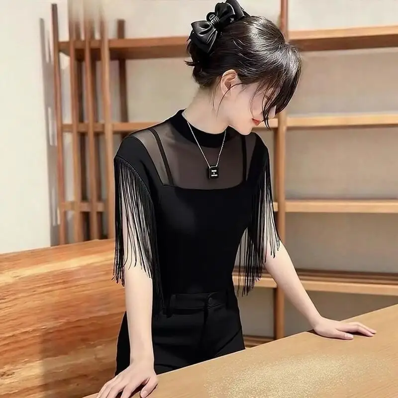 2026 Spring Summer New Women Clothing French Style Beautiful Black Tassel Tops Fashion Versatile Elegant Wind Waist T-Shirt Tops