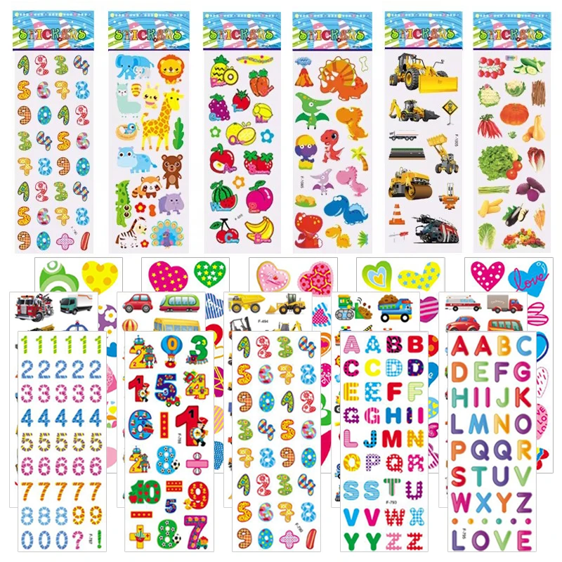 12pcs Children Bubble Stickers 3D Sticker Toys Plastic Multiple Series Cartoon Dinosaur Animal Heart Kids Birthday Gift TMZ