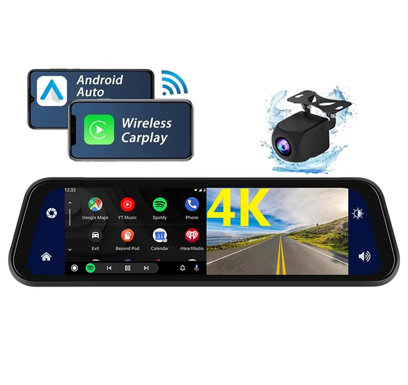 

newCar DVR 4K 12 Inch Mirror Carplay & Android Auto Wireless Miracast Dual Lens 1080P Video Recorder WiFi Connect GPS Navigation