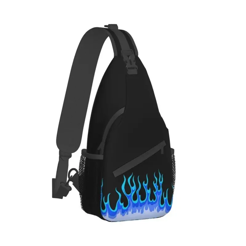 Custom Blue Hot Fire Racing Flames Sling Bags for Men Fashion Shoulder Crossbody Chest Backpack Travel Hiking Daypack