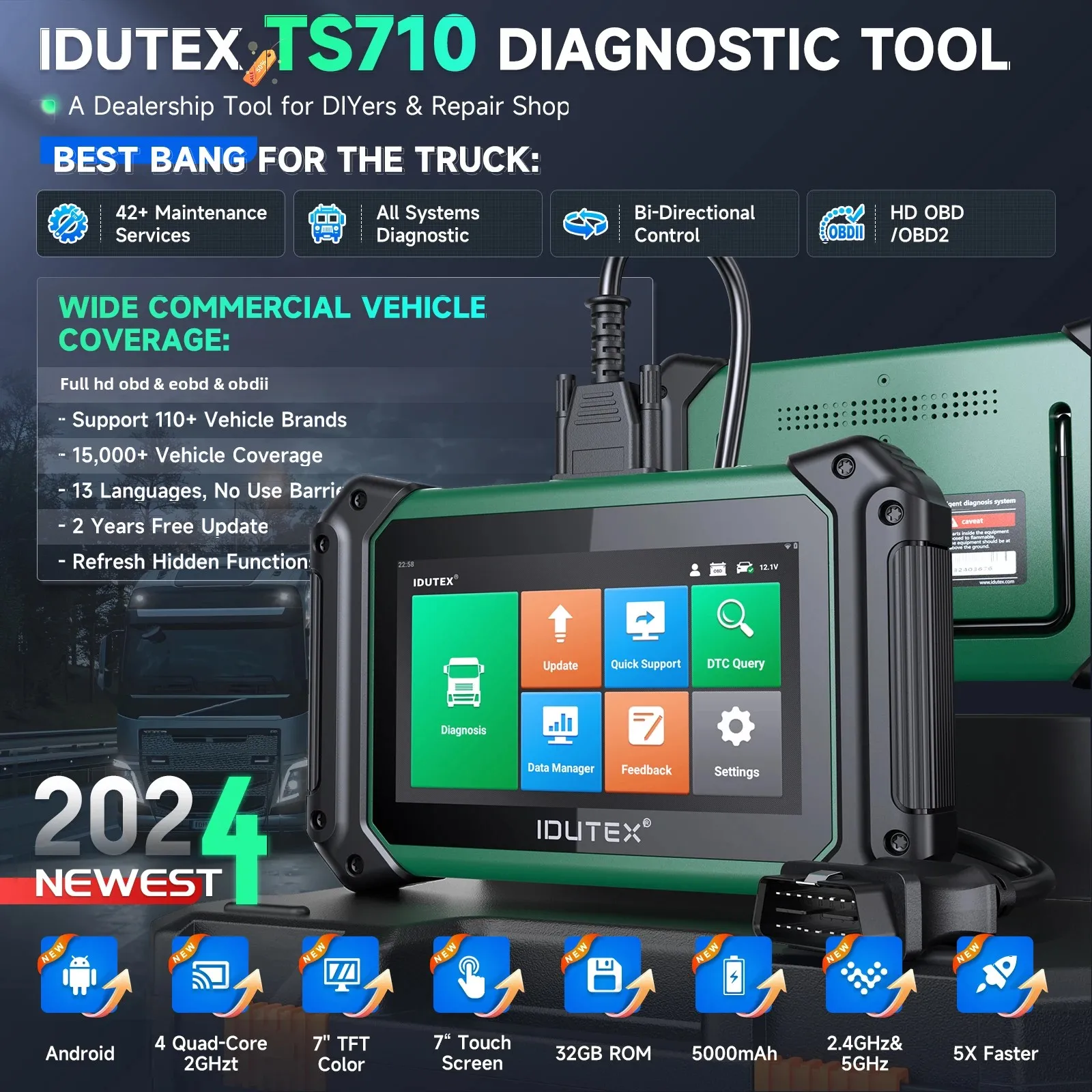 

Heavy Duty Truck Scanner TS710 Bi-directional D.PF Regen 42+ Resets IDUTEX Diesel All System OBD2 Truck Diagnostic Scan Tools