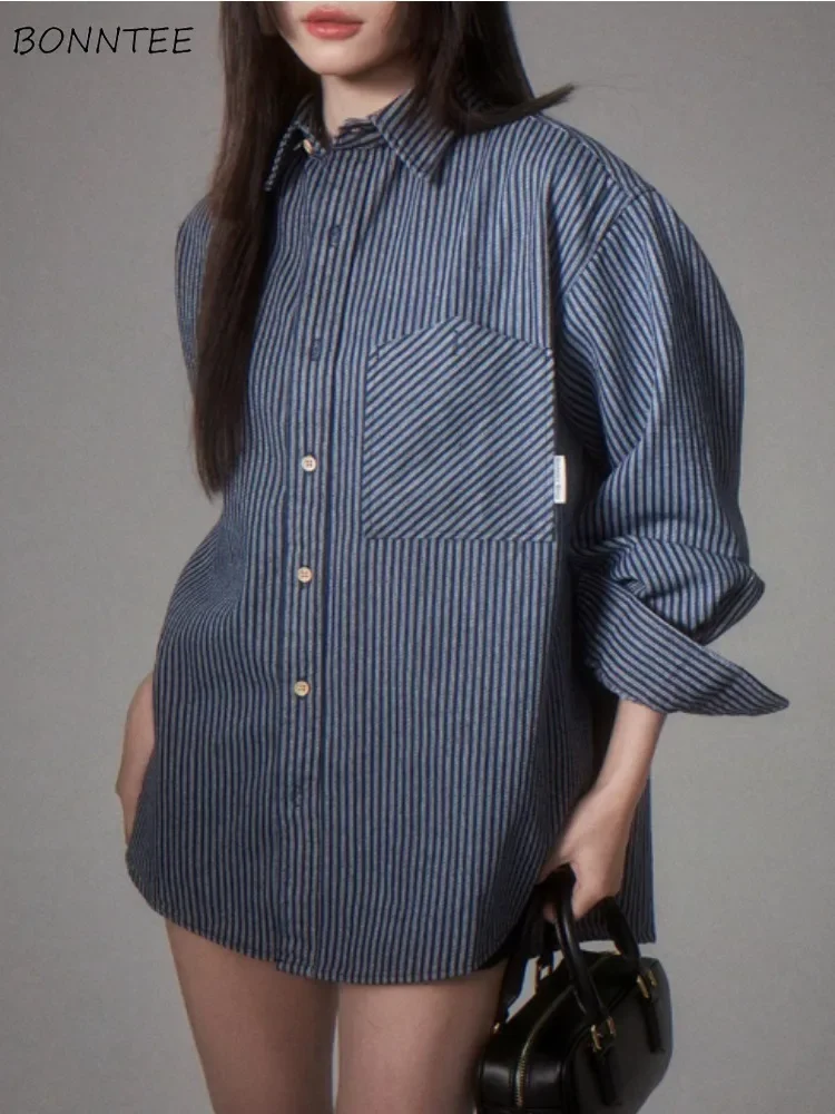 

Shirts Women American Style Cool Girls Long Sleeve Autumn Winter All-match Striped Chic Ins Loose High Street College Vintage