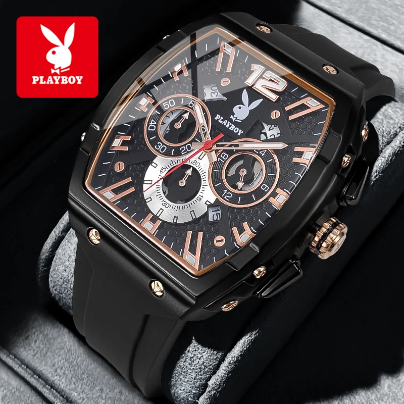 

PLAYBOY Watches Man Sport Tonneau Chronograph Quartz Watch Silicone Strap Waterproof Casual Waterproof Luminous Wristwatch 3075