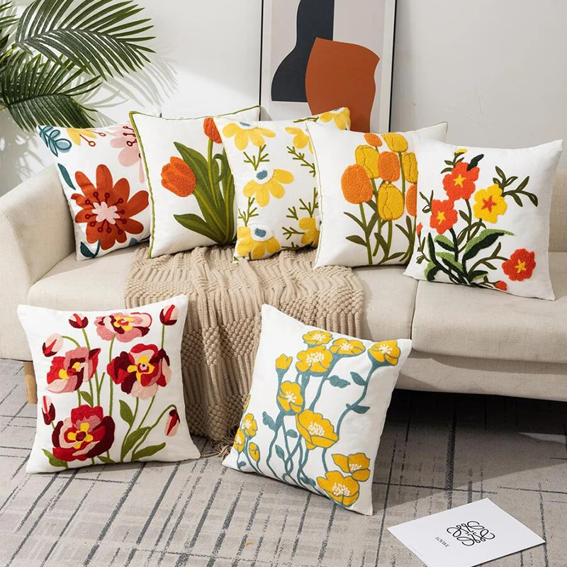 

Embroidered Cushion Cover Floral Pop Wild Floral Daisy Vivid Home Decoration Cotton Pillow case for Living Room Bedroom Sofa Bed