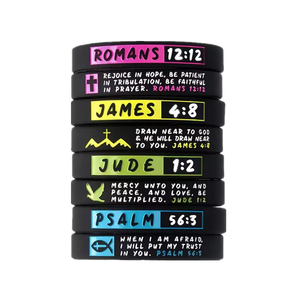 

50 шт. силиконовых браслетов с цитатами из Библии: Иаков 4:8, Юда 1:2, Римлянам 12:12, Псалом 56:3