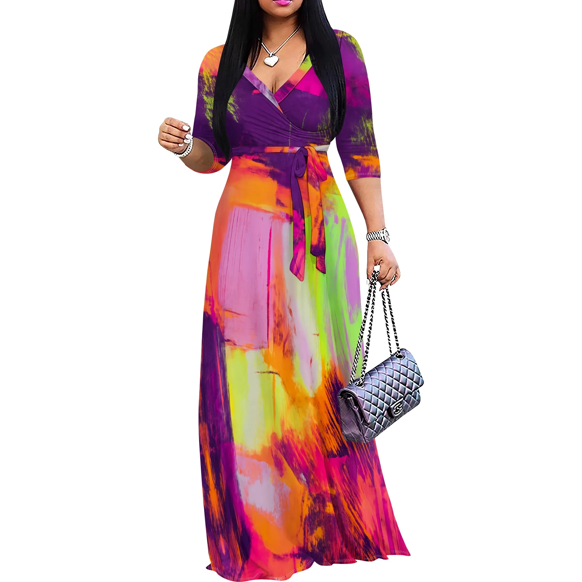 Vibrant Abstract Print Maxi Dress S-3XL Tie Waist Bodycon Style for Summer Vacation, Beach Party or Art Festival Look