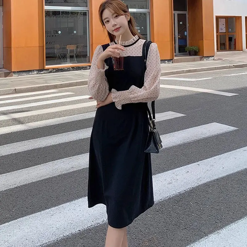 2023 Autumn Korea Sweet Dot Printed Women Black Dress Retro Patchwork Princess Style Long Sleeve Party A Line Midi Dress Vestido