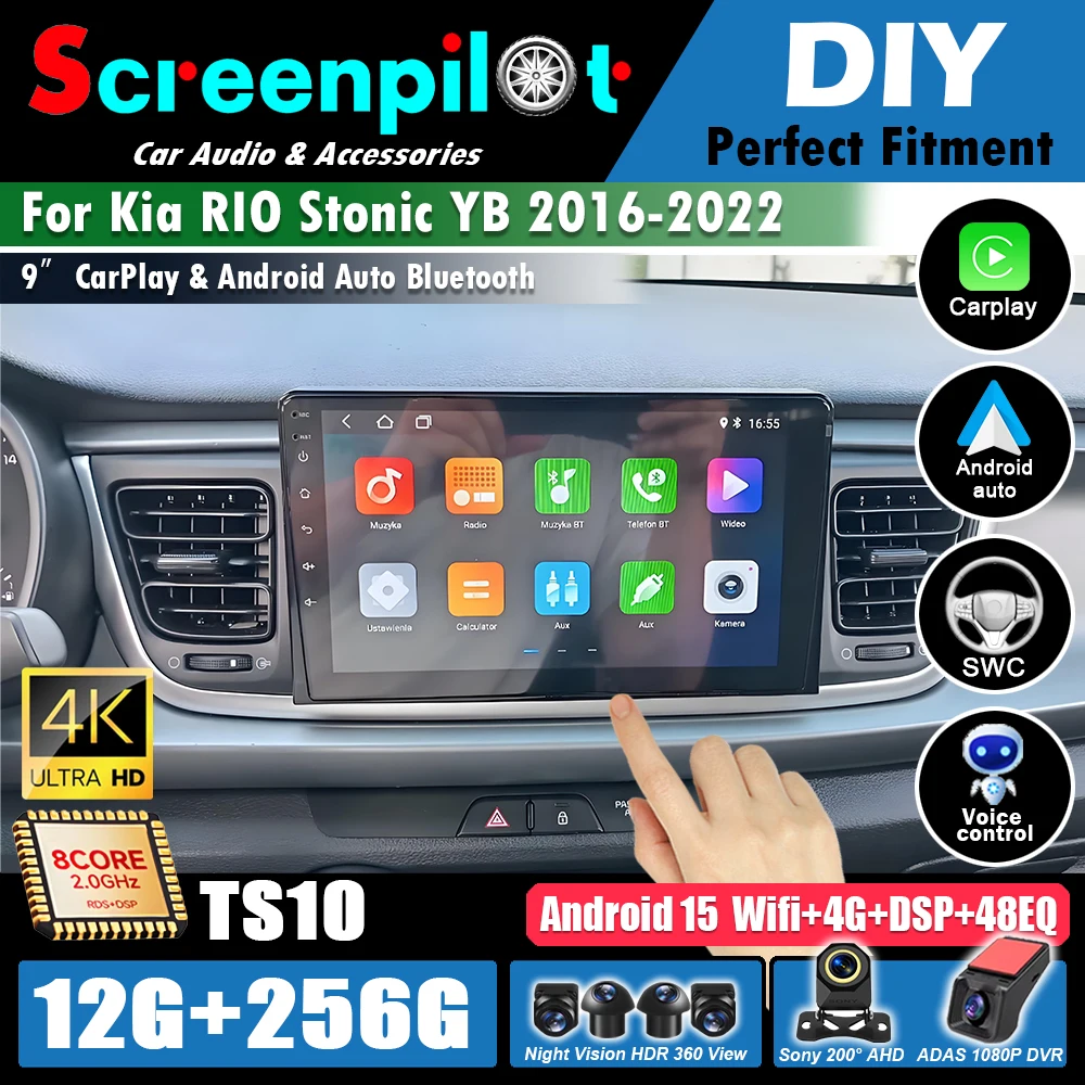 Radio para Auto con Android 16 y Carplay para Kia RIO Stonic YB 2016 2017 2018 2019 2020 2021 2022, Reproductor Multimedia GPS, Reproductor de Video Estéreo