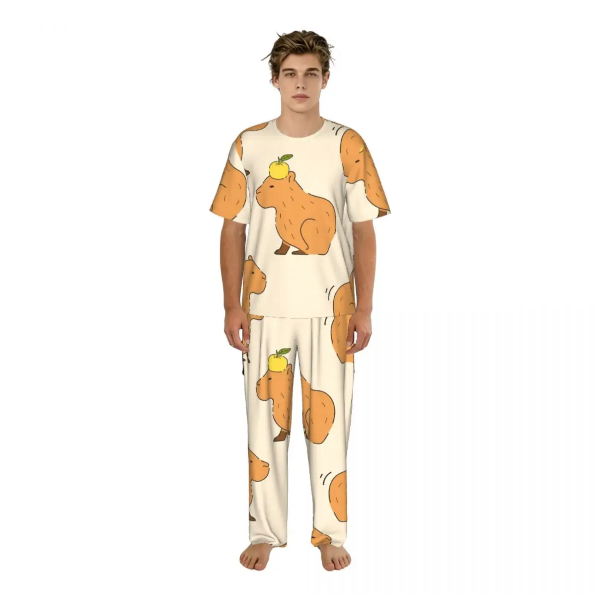 

Men Pajamas Set Cute Capybaras Short Sleeve Spring Summer Lounge Sleepwear Male Nightwear