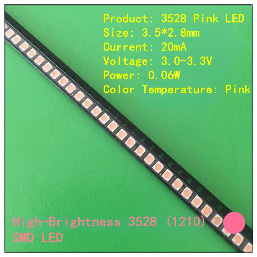 100 Uds 3528 (1210) diodo LED SMD de alto brillo rojo naranja amarillo verde rosa púrpura hielo azul blanco cálido para luces de tablero