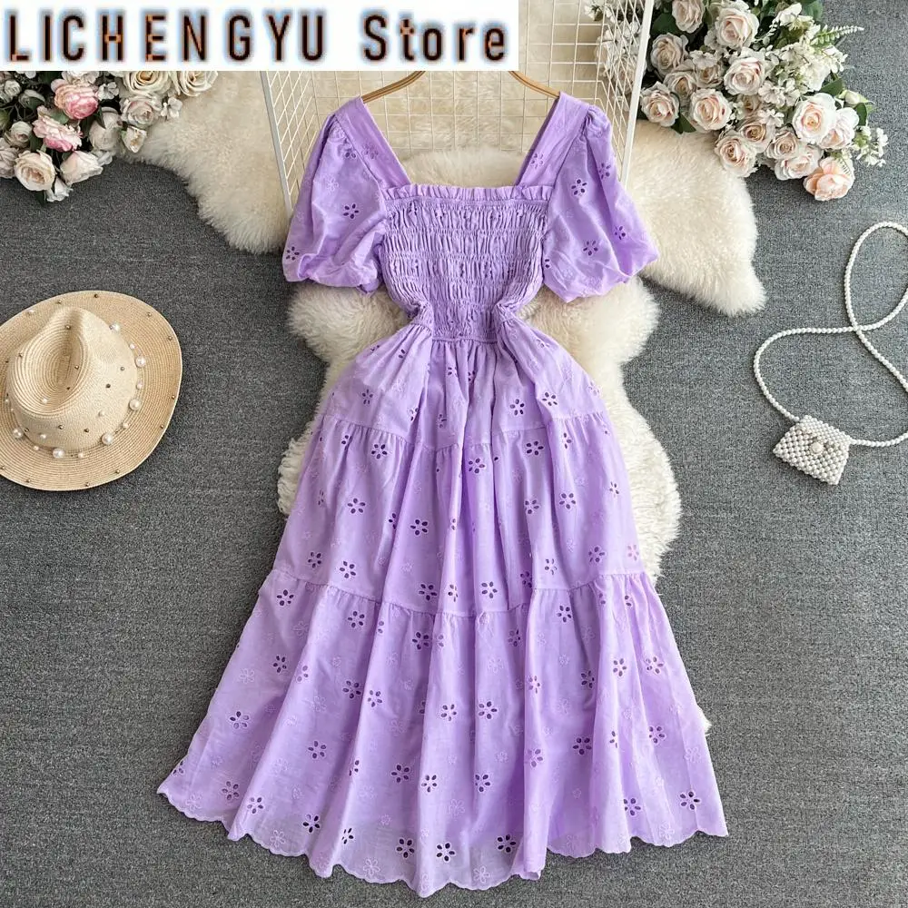 

New Hollow Out Embroidery Shirring Sweet Style Women's Dress Solid Color High Waist A-line Summer Dresses