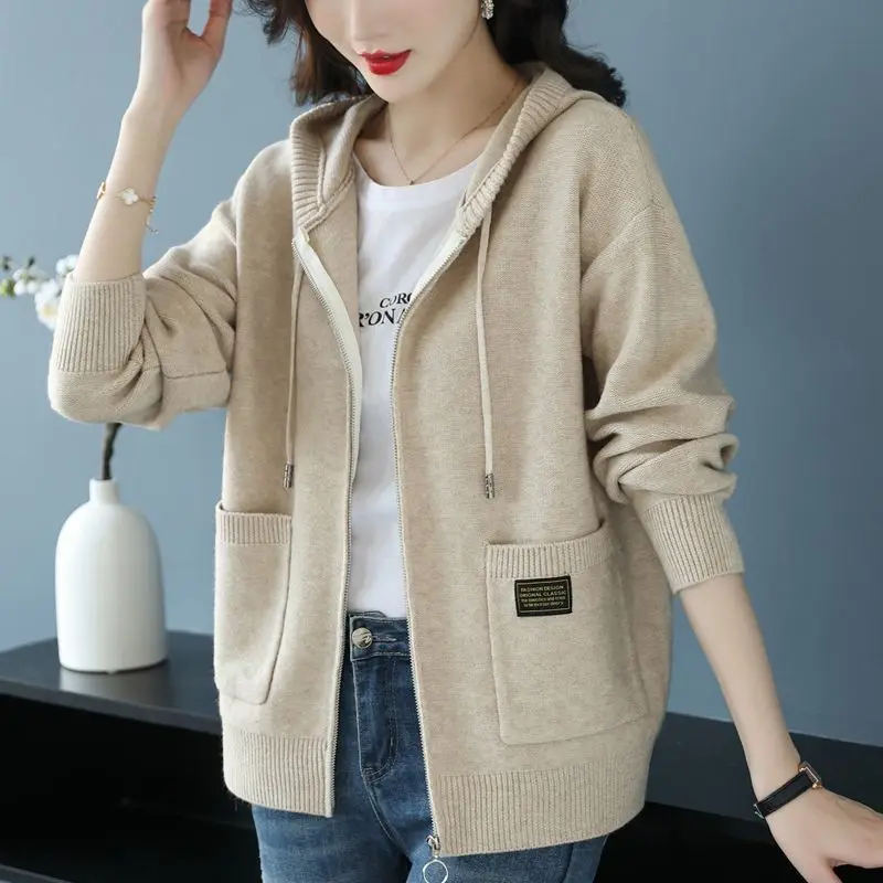 

Fashionable Hooded Zipper Sweater Jacket for Women in Spring and Autumn New Loose Knitted Cardigan Top