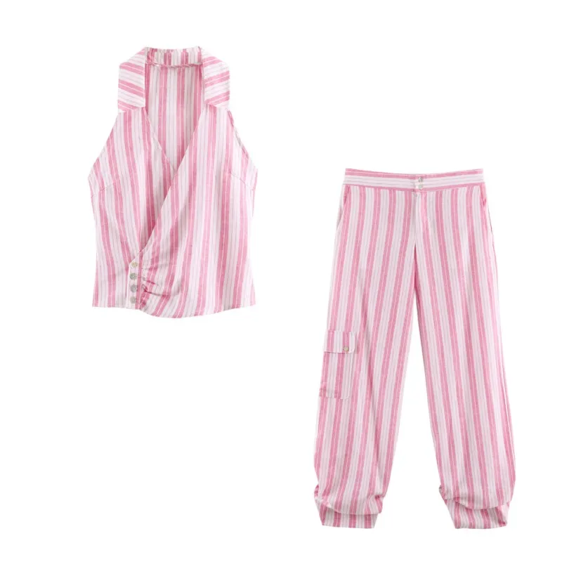 Women's Striped Pants Set Summer V-neck Sleeveless Double Breasted Top Mid-waist Pockets Drawstrings Trousers Casual 2 Piece Set