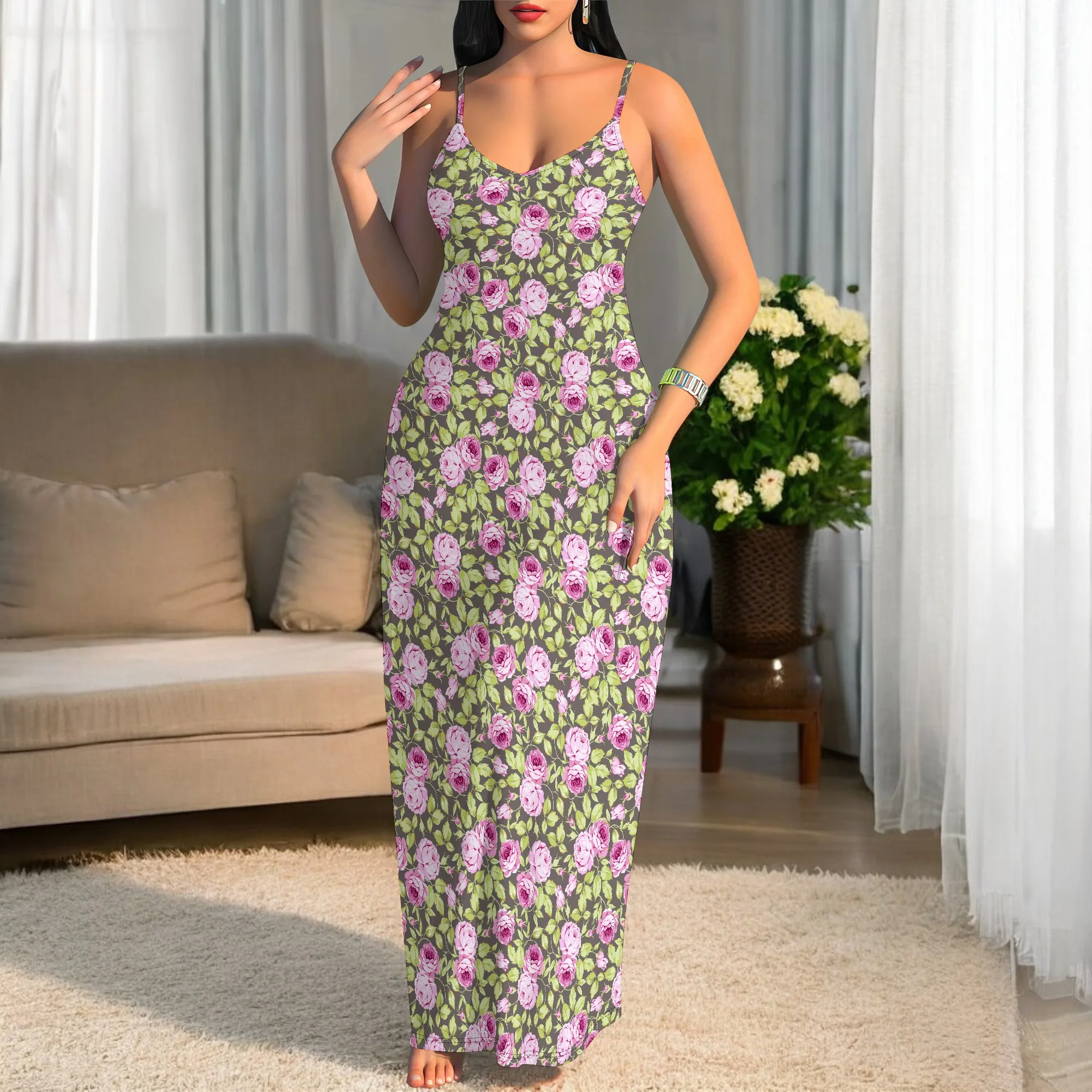 

Women's Flower Pattern Elegance Long Dress with Spaghetti Straps for Outings, at home, party