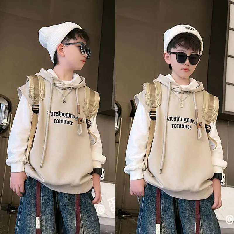 Boys' Sets Hooded Vest Tops Sweatshirt Jeans Three-piece Suits Spring Autumn Middle And Large Children's Clothes Handsome Sets