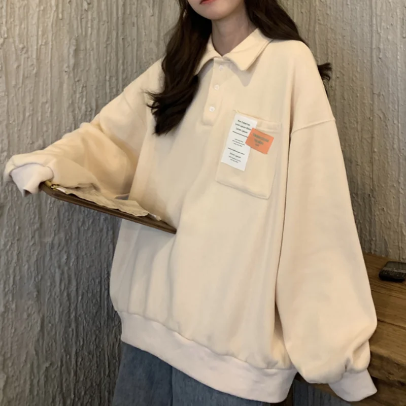 

AYUNSUE Vintage Polo Collar Women Korean Oversized Sweatshirt Female Teen Autumn Long Sleeve Harajuku Loose Buttons Tops xhl61