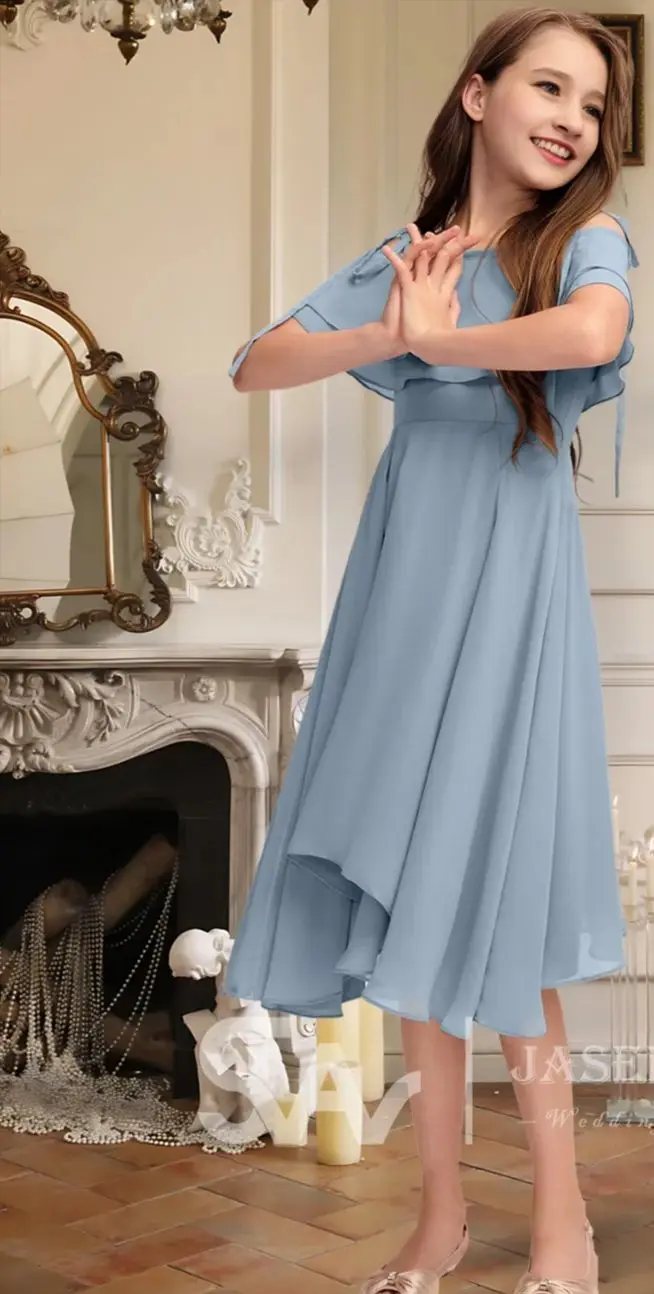 GHK A Kids A-Line Off The Shoulder Asymmetrical Chiffon Junior Bridesmaid Dress Flower Girl Dress Girls Party Wedding Formal