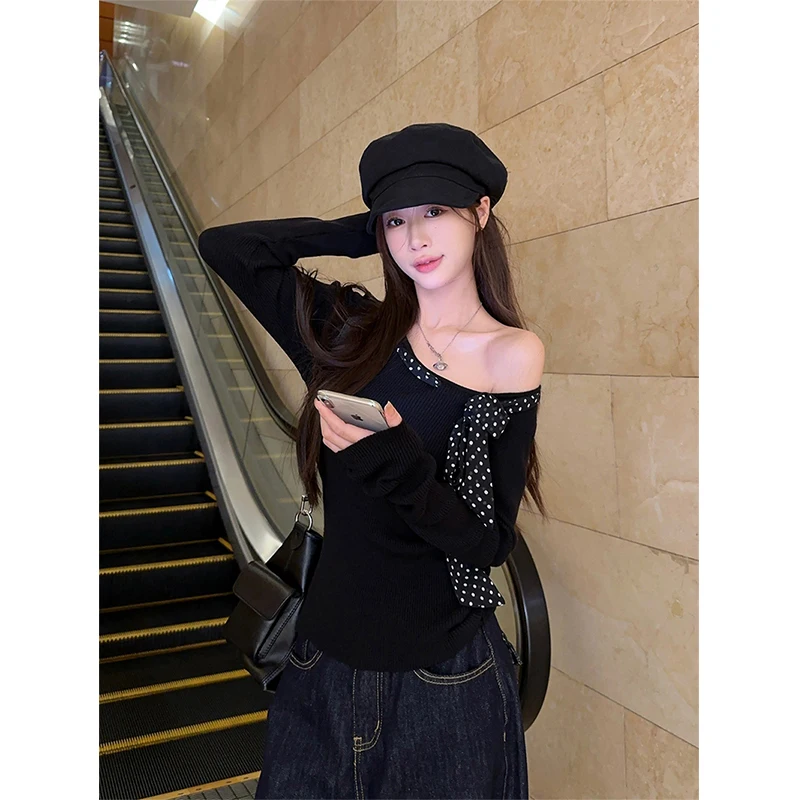 Y2K Black Sweater Women Sexy Off Shoulder Knitted Pullovers Korean Aesthetic Polka Dot Bandage Knitwear Long Sleeve Jumpers Tops