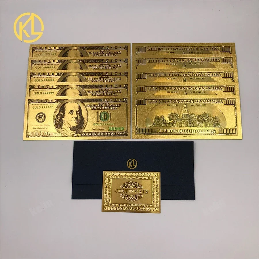 Full designs 10pcs/lot USA 100 Dollar Gold Foiled Platsic Banknote Bill United States OF America with Envelope for gifts