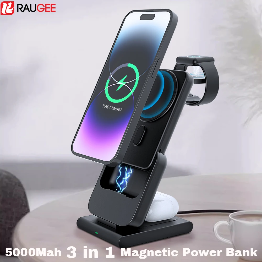 Magnetic 5000Mah Power Bank 3 in 1 Wireless Charger for iPhone 16/15/14/13/12 Pro Max Auxiliary External Battery for Apple Watch