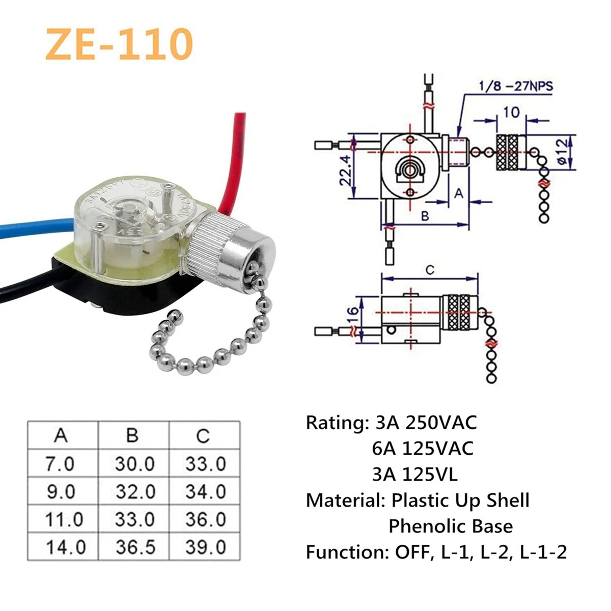 3Pack Ceiling Fan Light Switch ZE-110 Fan Switch 3 Way Speed Fan Switch Ceiling Pull Chain Switch Replacement (Nickel)