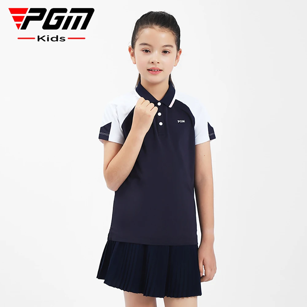 PGM Girls Golf Wear Color-block Design Short Sleeve T-shirt Summer Stretch Breathable Comfortable Sports Top Clothing Kids 골프웨어