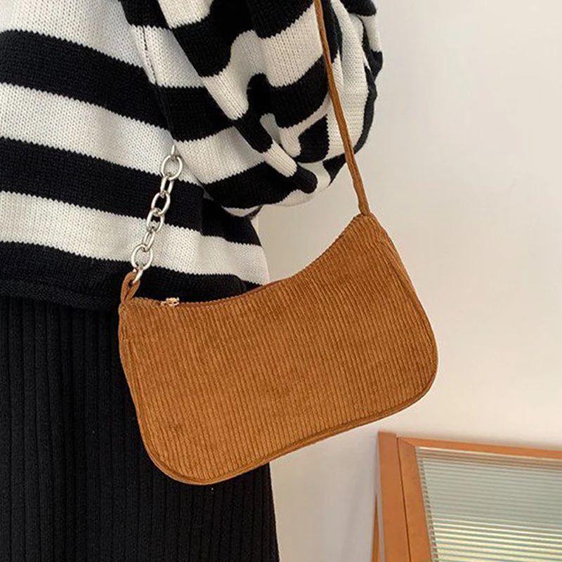 2023 Fashion Vintage Women\'s Handbags Corduroy Underarm Bag Casual Women Shoulder Bags Solid Color Zipper Female Handbag Clutch