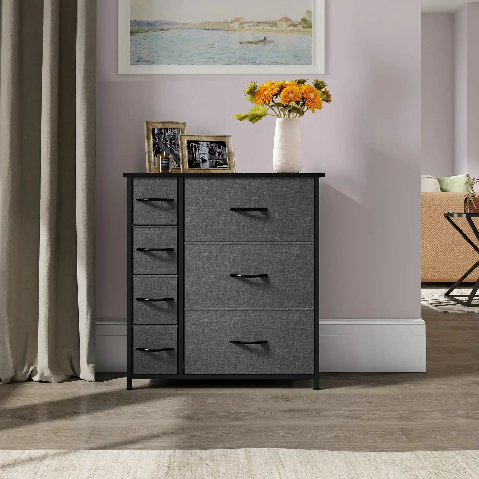 7 Drawers High Dresser Bedroom Living Room Storage Tower Organizer, Black Grey