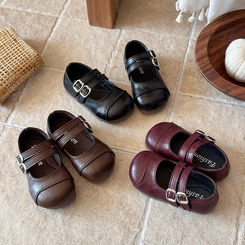 Autumn Girl's Mary Janes Double Strap Sewing Daily Kid's Flat Shoe Solid Colors Anti-slip Fashion Versatile Children Shoes 4-6Y