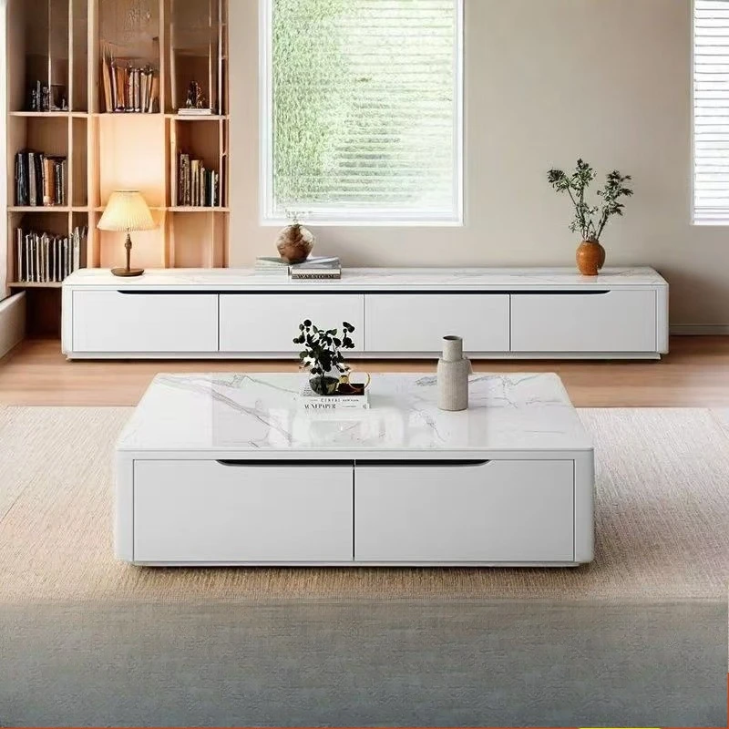 All solid wood TV cabinet, coffee table combination, light luxury, simple modern stone slab living room, floor standing design