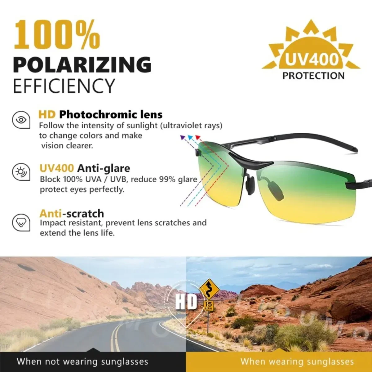 Glasses Yellow Photochromic Polarized Glasses Intelligent Color Changing Fishing Driving Day Vision Night Glasses Mirror Goggles