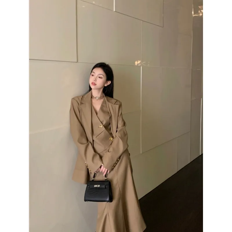 Lnsozkdg High-end Women Suit Vest and Skirt Three-piece Set 2024 Spring Autumn Office Lady Blazer Jacket Top Mermaid Skirt Suits