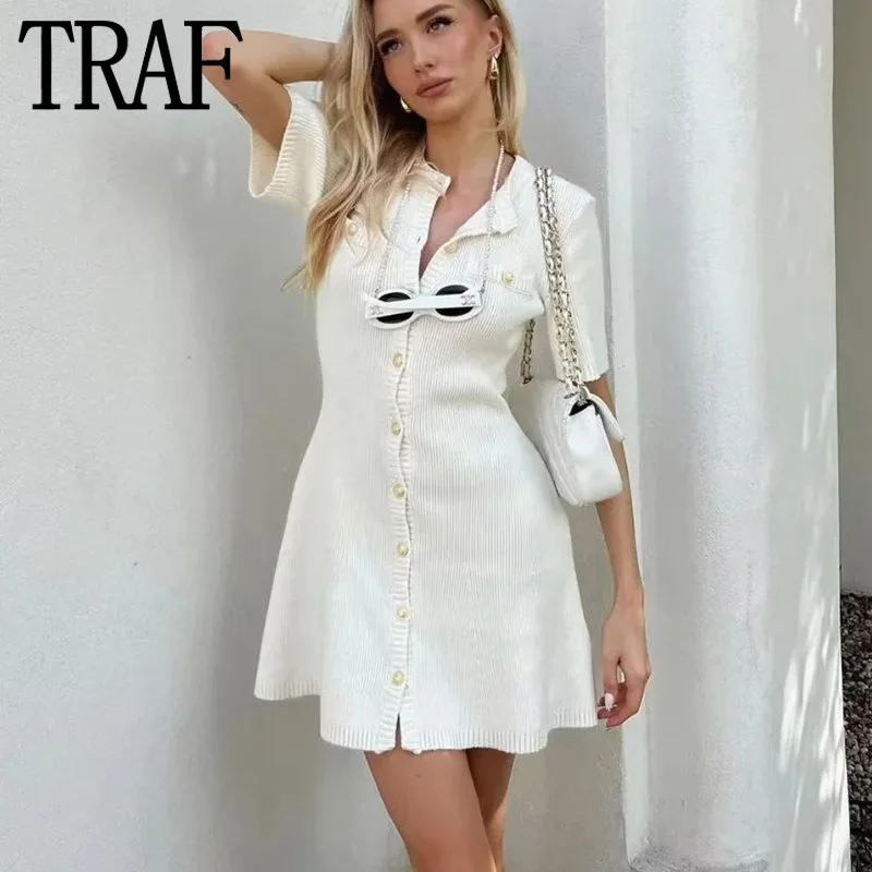 TRAF Woman 2024 Knit Mini Dress Summer Short Sleeve Sweater Dress Women Button Up Short Dresses Fashion Elegant Women\'s Dresses