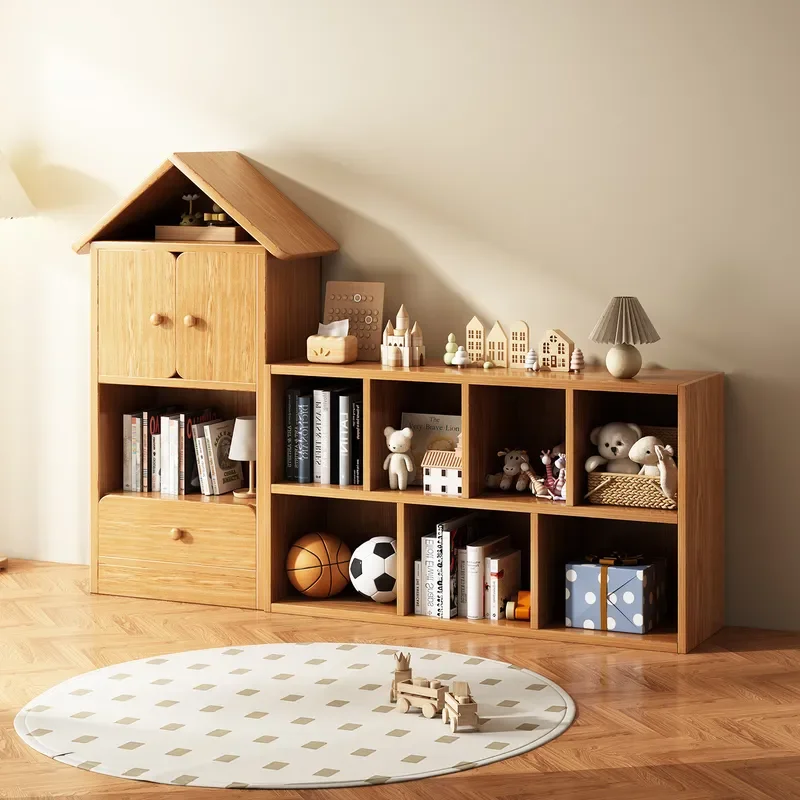 Wall Mounted Bookcase with Locker Integrated Display Cabinet for Family Reading Grid Storage for Children Picture Books and
