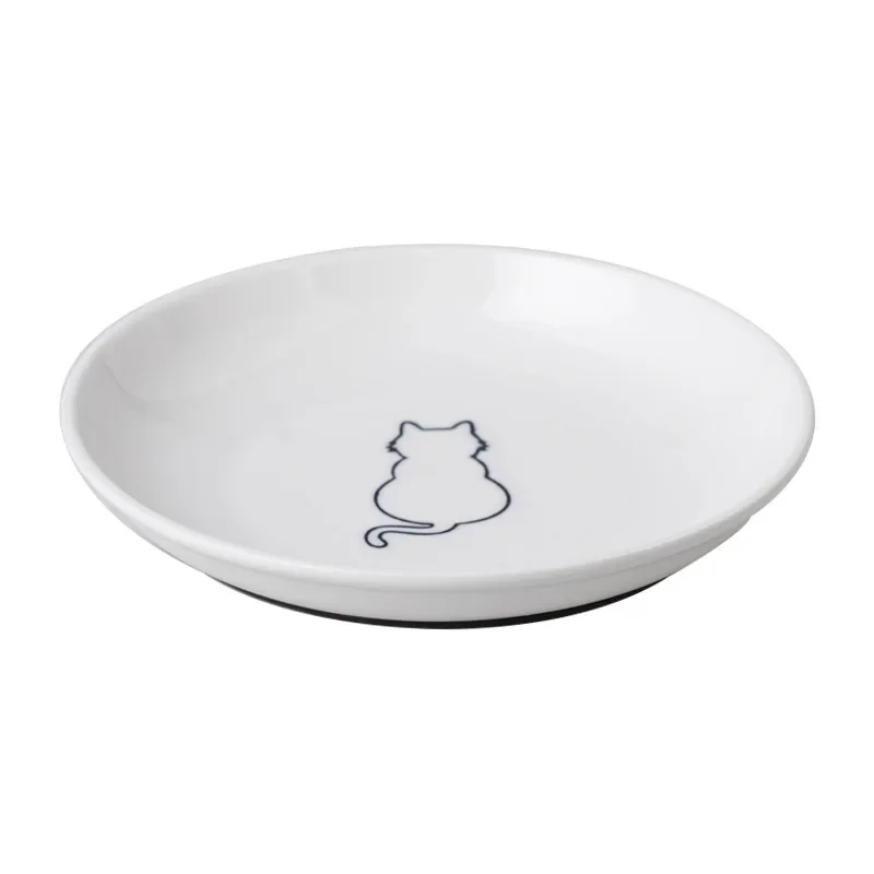 Ceramic Cat Plates with Silicone Anti Slip Pad Pet Bowl Snack Can Container