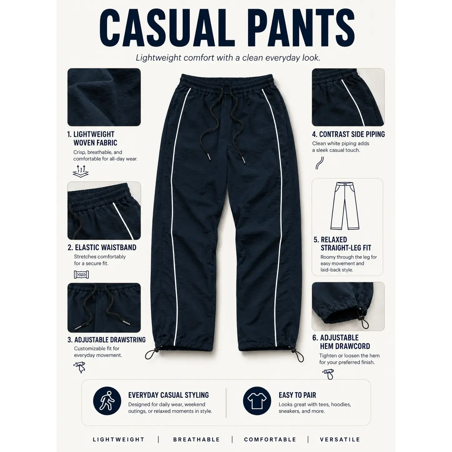 Men Windproof Casual Sport Pants White Side Striped Drawstring Waist Adjustable Hem Long Trousers