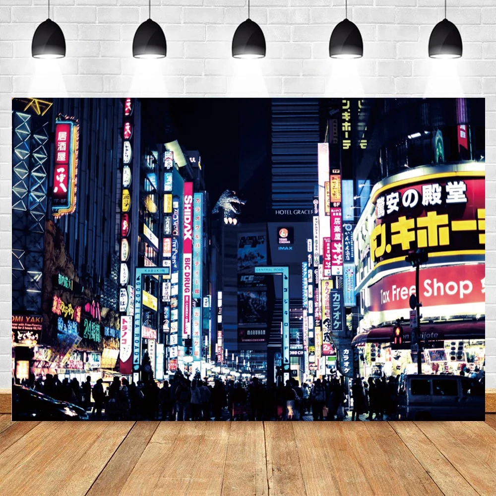 Japanese Street Scene Background Vintage Retro Tokyo Nighttime Tall Buildings Industrial Decor Photography Backdrop Photo Studio