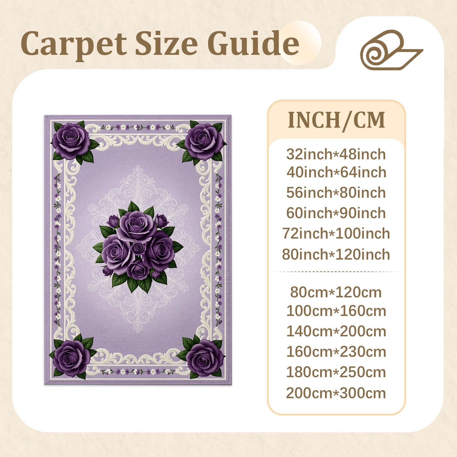 Purple Rose Floral Ornamental Velvet Area Rug, Machine Washable Soft Plush Floor Mat with Stable Placement for Living Room, Bedroom, Dining Room, Entryway, Ideal for Halloween, Thanksgiving, Christmas, New Year, Black Friday Home Decor
