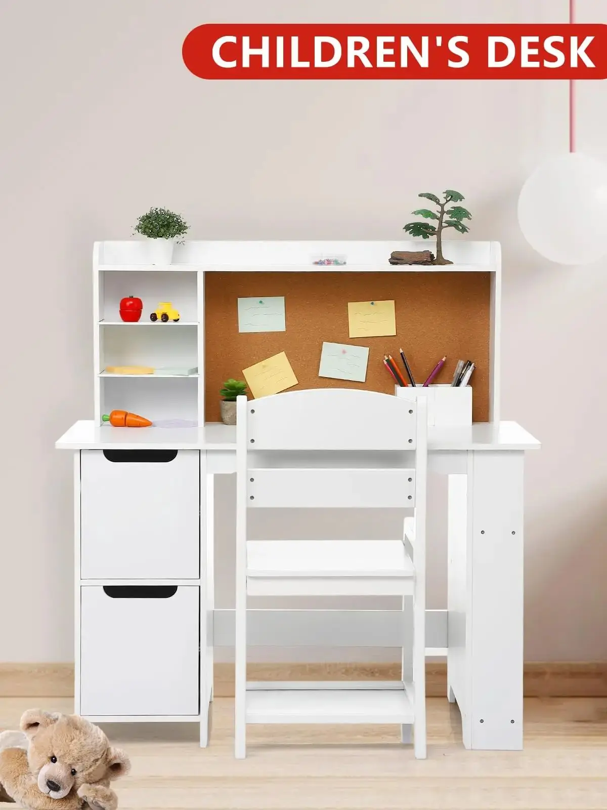 Ensemble bureau et chaise pour enfants avec hutch, tableau d'affichage et rangement, table d'étude en bois pour garçons et filles de 3 à 8 ans