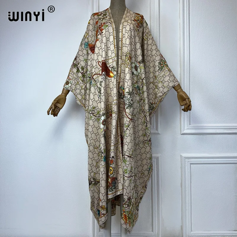 WINYI Summer fashion Beach Letter print Cover Up Boho Cardigan elegant sexy Holiday Kimono beach wear women 2024 kaftan dress