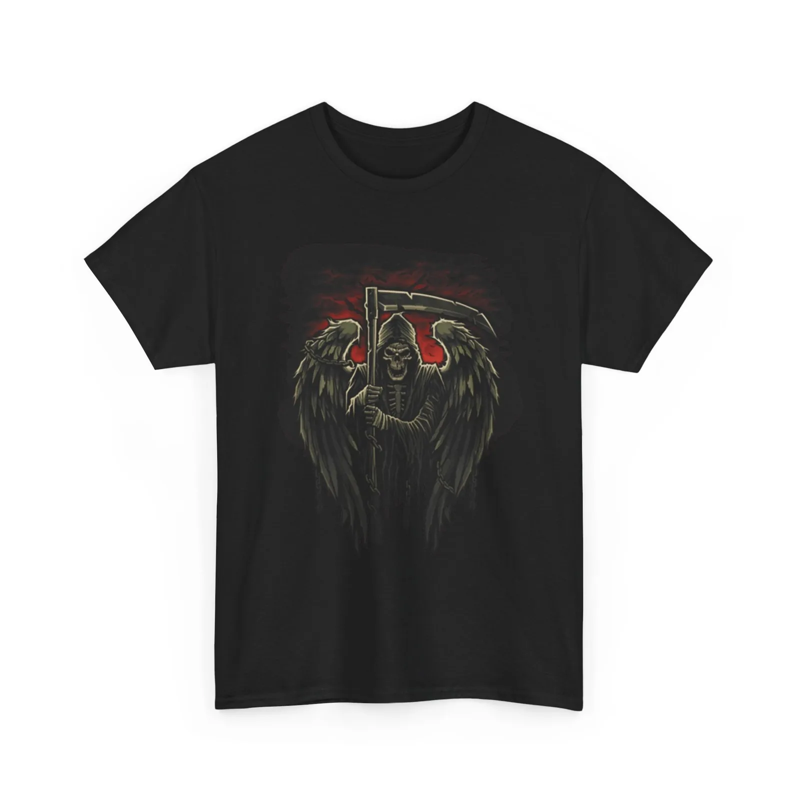 Grim Reaper Winged Skeleton with Sickle in Hell Unisex Heavy Cotton Tshirt