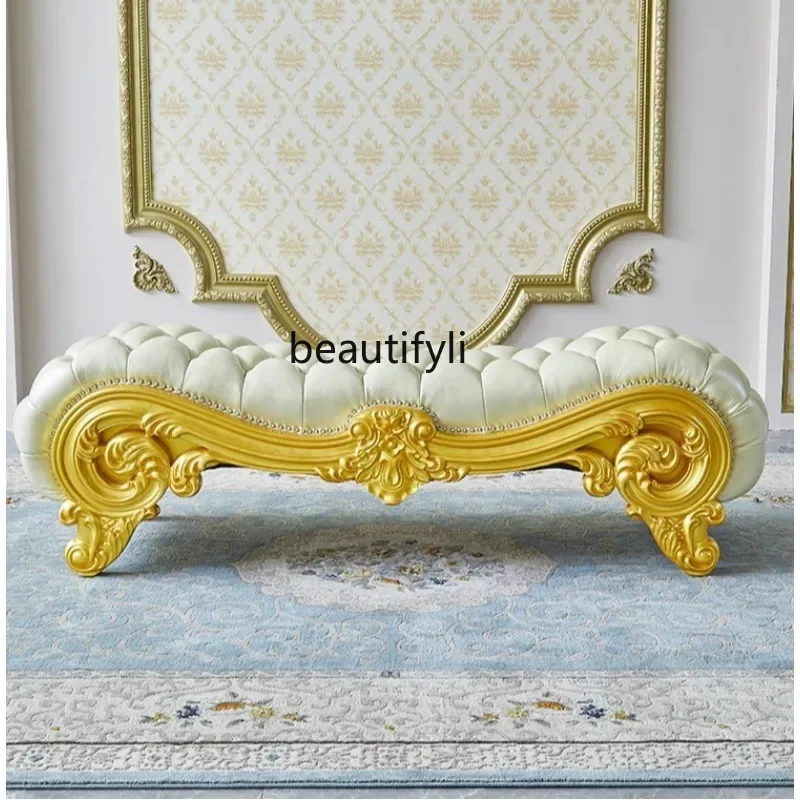 

B03 Sail stool bedroom all solid wood leather log bed front stool bed tail couch engraved American style