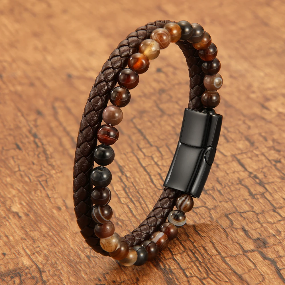 Minimally Designed Natural Stone Striped Bracelet For Men With Magnetic Buckle Beaded Cowhide Rope Bracelet Accessories