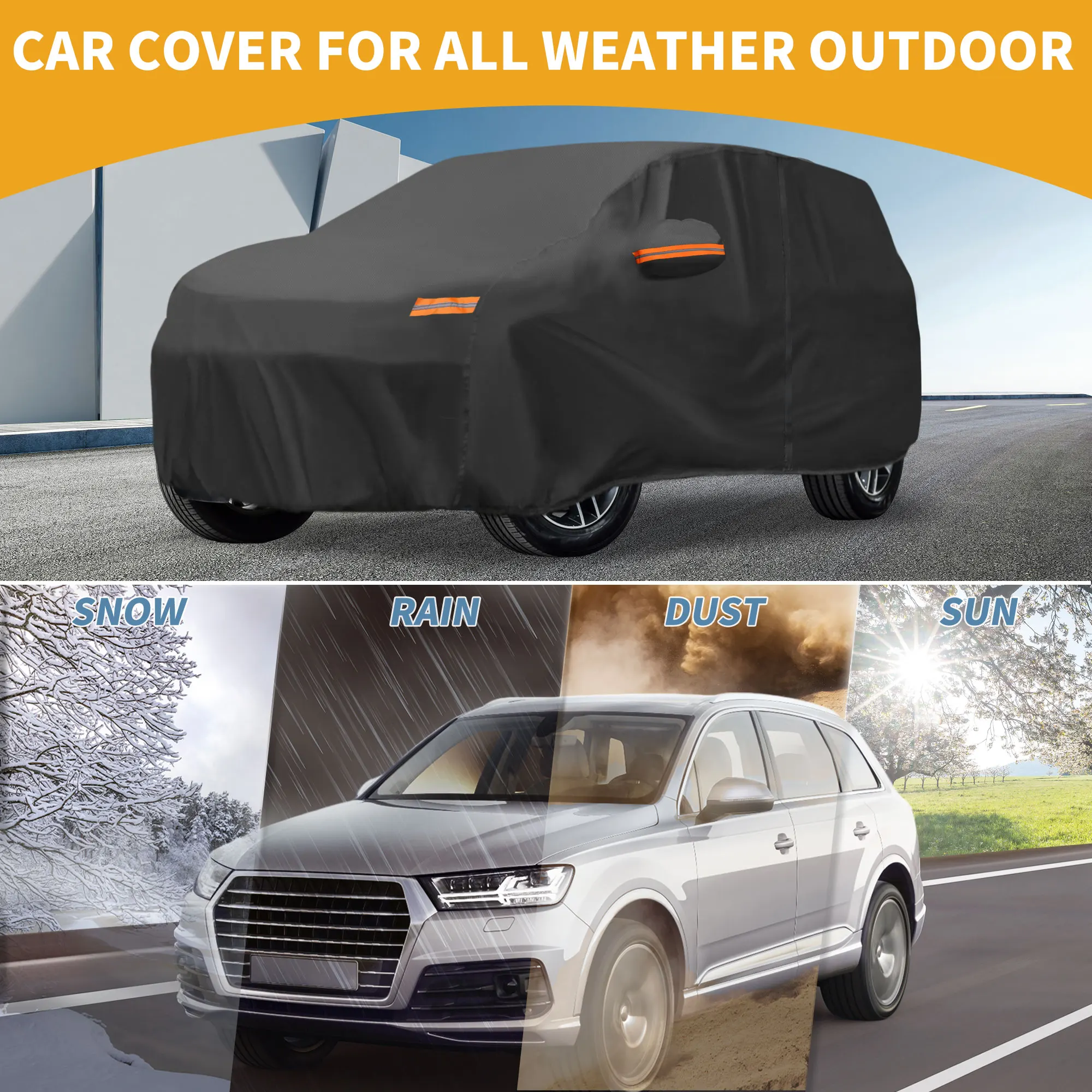 UXCELL Car Cover Waterproof All Weather Outdoor Anti-UV Full Exterior Cover for Hyundai Santa Fe 190T-PU with Reflective Strips