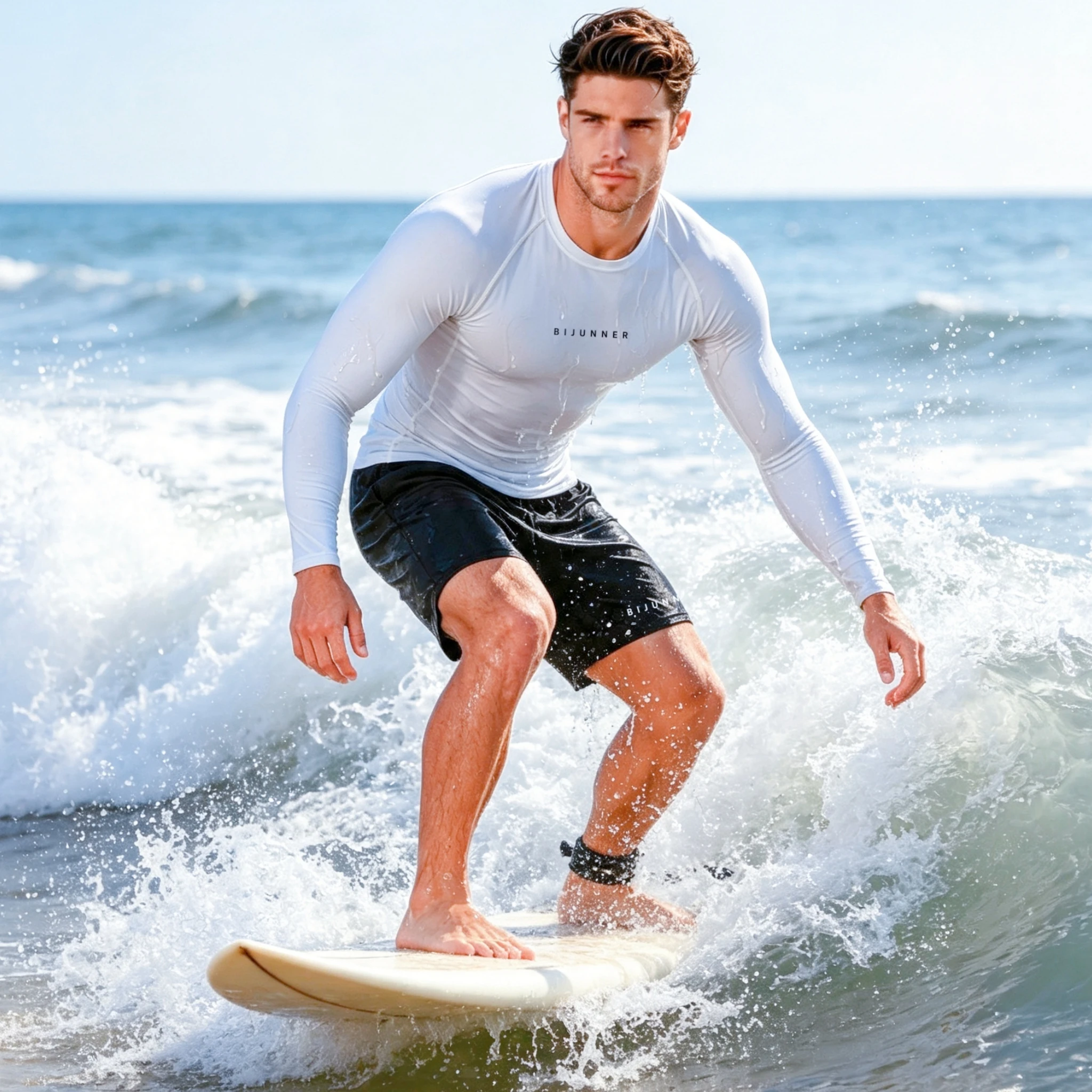 New Men Surfing Sun Protection T-shirt+Shorts Sets Long-sleeve Stretch Tight-fitting Top Mesh Shorts Quick-dry Surfing Swim Set