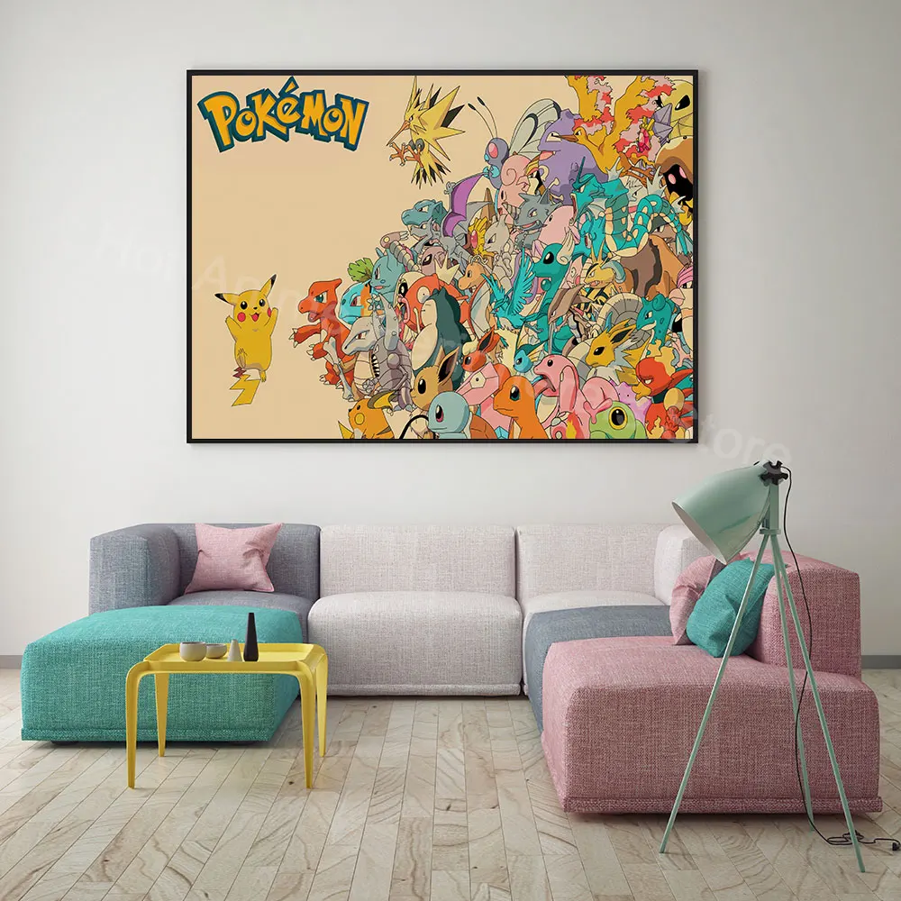 Anime Pokemon alle Charaktere Peripherie geräte Poster Vintage Bild Kunst Wand Pikachu Eeve lutions Leinwand Malerei Geschenk für Kinder
